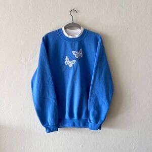 Vintage Grandma Cottage Core Blue Butterfly Lace Embroidered Sweatshirt Large